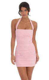 Shimmer Ruched Bodycon Dress in Pink